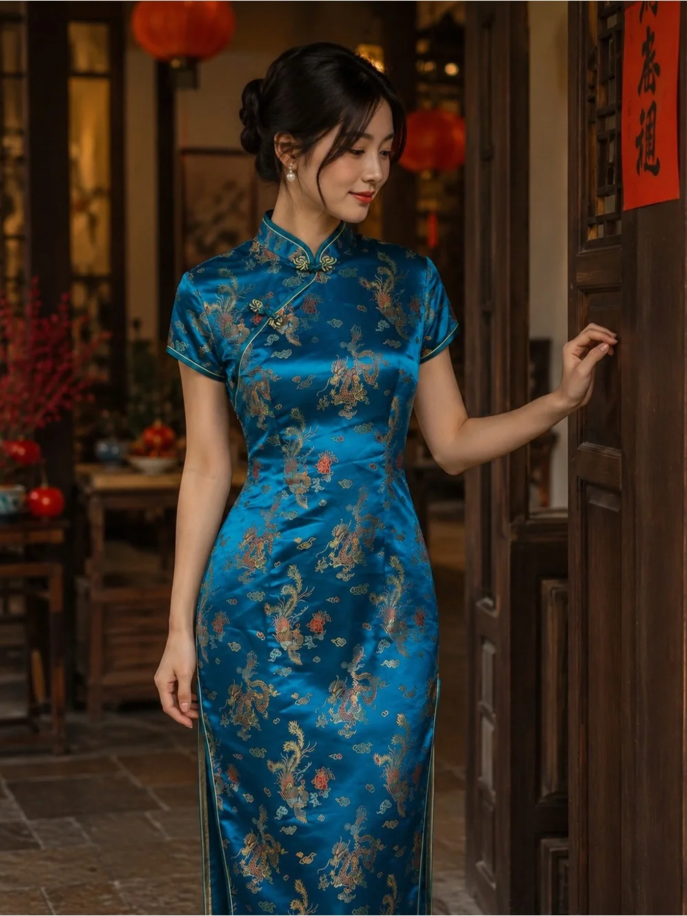 Blue Traditional Chinese Cheongsam Dress Kimono Dragon and Phoenix - Picture 1 of 13
